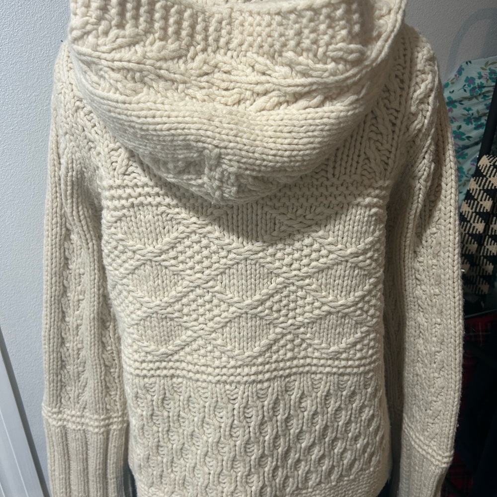 Vintage Lambswool Cream Knit Hooded Chunky Cardigan Sweater - Picture 2 of 4